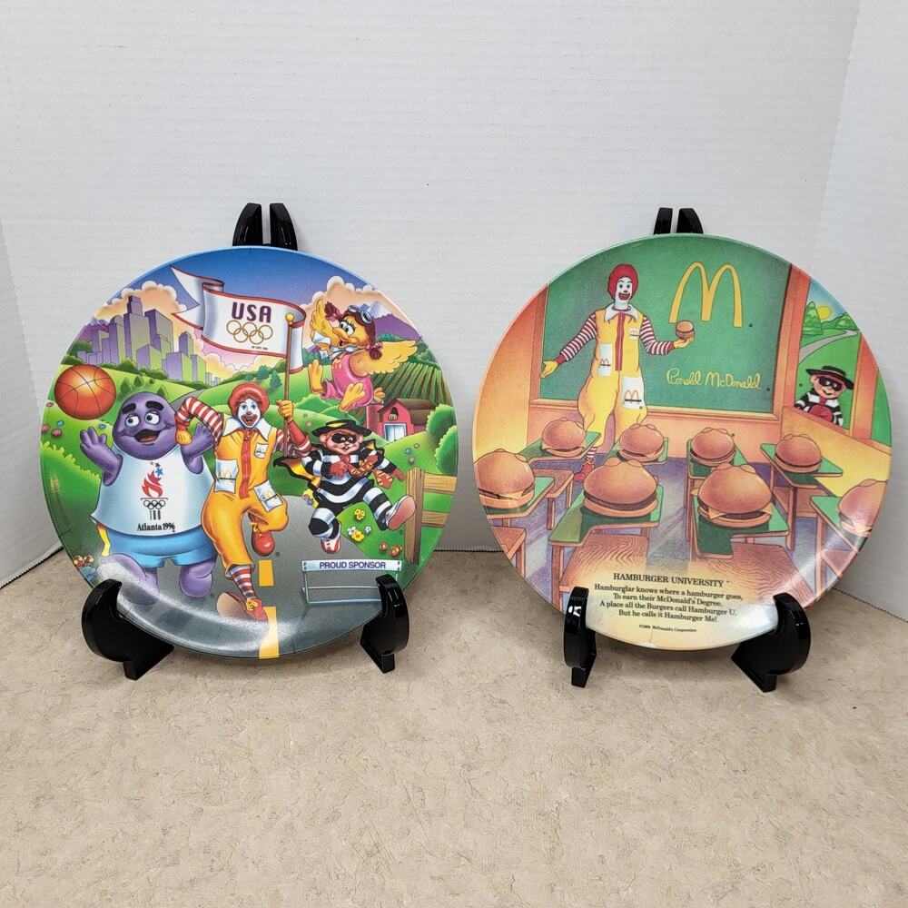 McDonald's 9.5" Plastic Plates - Lot Of 2 - 1989 Hamburger U & 1996 Olympics ATL